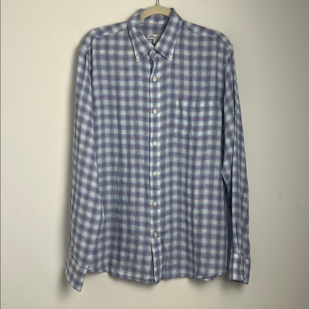 Peter Millar Medium Blue Coral White Plaid 100% Line Button-Down Shirt
